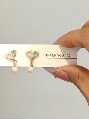 Gold Pearl Drop Earrings with Pink and Green Stones
